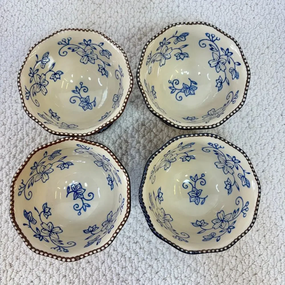 Temp-tations by Tara Floral Lace Blue Footed Parfait Dish Stoneware Set of 4